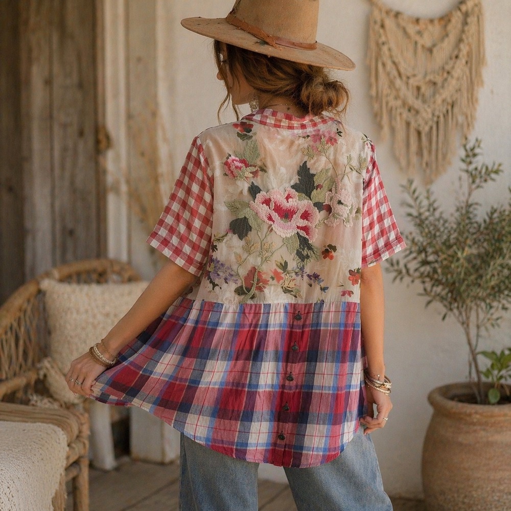 Aratta Silent Journey Button Down Women M Red Gingham Floral Embroidered Back - Picture 1 of 16
